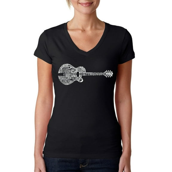 LA Pop Art Women's Word Art V-Neck T-Shirt - Country Guitar