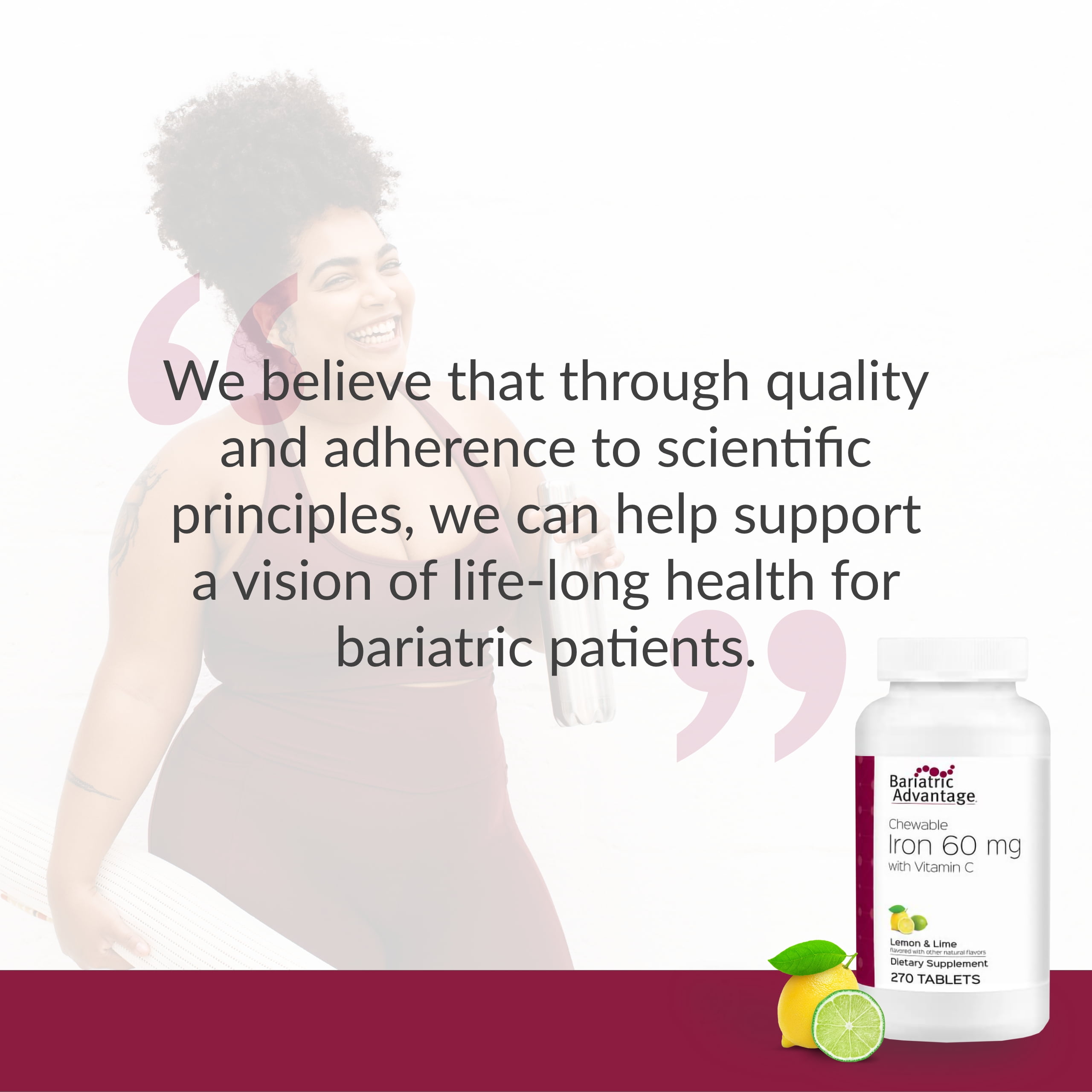 Bariatric Advantage Chewable Iron 60 mg - For Bariatric Surgery Patients - Iron with Vitamin C - No Iron Taste - Carbonyl Iron Supplement - Lemon & Lime - 270 Count