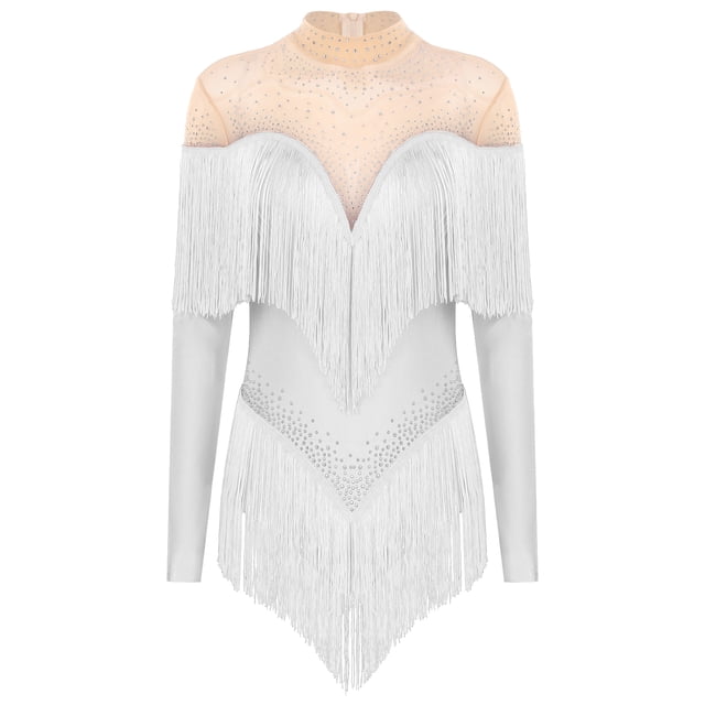 Alvivi Justaucorps de Danse pour Femmes Manches Longues Patchwork en Maille avec Strass à Franges Robe de Danse Latine Tango Blanche S