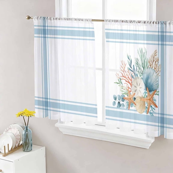Sheer Curtains 54 Inch Length 2 Panels Set for Kitchen, Blue Coastal Semi Sheer Curtains for Windows, Nautical Starfish Eucalyptus Leaf Coral Striped Voile Window Treatments Rod Pocket Curtain