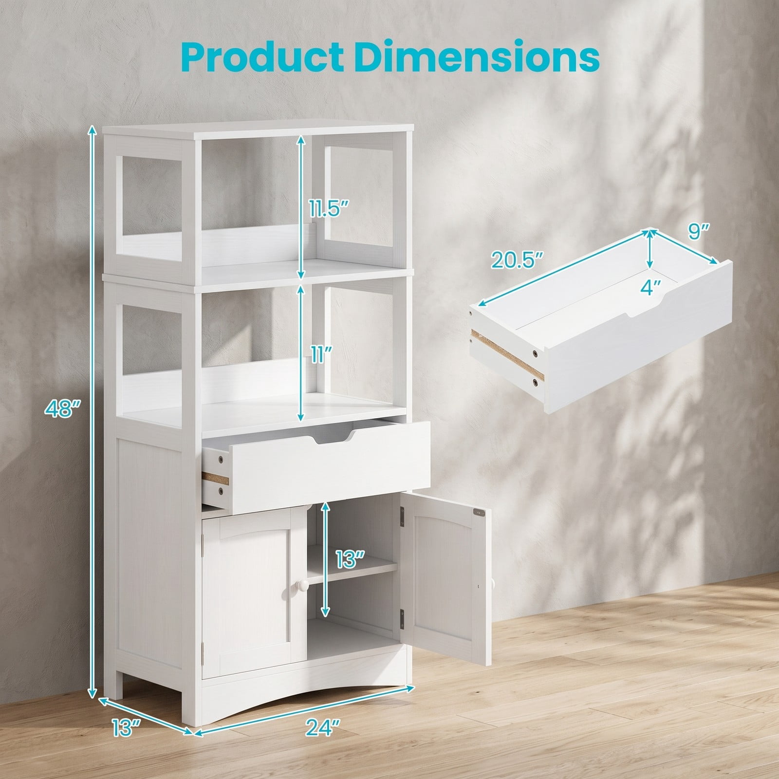 ALPULON Bathroom Storage Cabinet with Drawer and Shelf, Freestanding Floor Cabinet, Waterproof MDF Organizer for Bathroom Bedroom Living Room Entryway, Anti-Tip, White