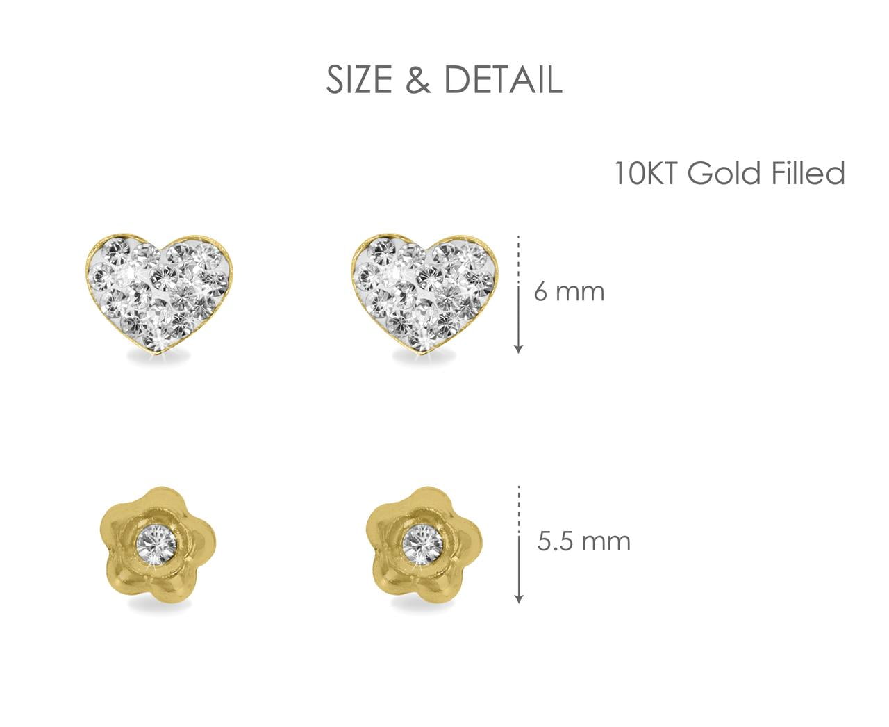 Brilliance Fine Jewelry 10K Gold Filled Crystal Flower and Heart Studs Children Female Earrings Set