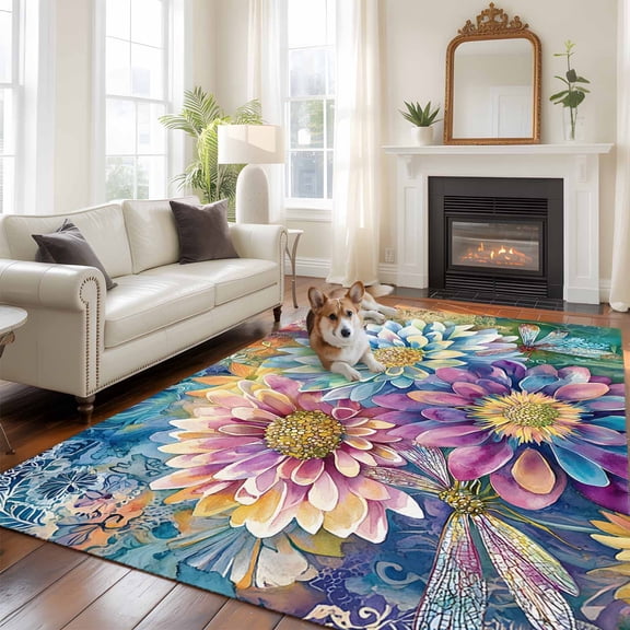 5'x8' Area Rugs, Purple Spring Floral Indoor Outdoor Area Rug for Living Room Bedroom, Watercolor Summer Botanical Farmhouse Washable Bathroom Rugs Kitchen Floor Carpet Mats Home Decor Aesthetic
