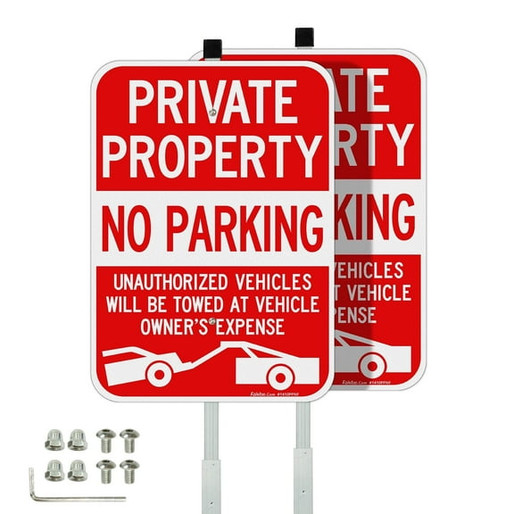 Faittoo Large Private Property No Parking Sign with 36" Stake, 2-Pack 14"x10" Vehicle Towed at Owner's Expense Reflective Aluminum Sign