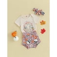 thumbnail image 3 of Cenuakty Baby Girls Halloween Clothes Letter Print Short Sleeve Romper and Shorts Cute Headband Summer Outfits, 3 of 8