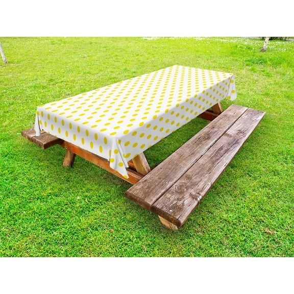 Yellow Outdoor Tablecloth, Picnic Like Cute 50s 60s 70s Retro Themed Yellow Spotted White Pattern Print, Decorative Washable Fabric Picnic Table Cloth, 58 X 84 Inches,Yellow and White, by Ambesonne