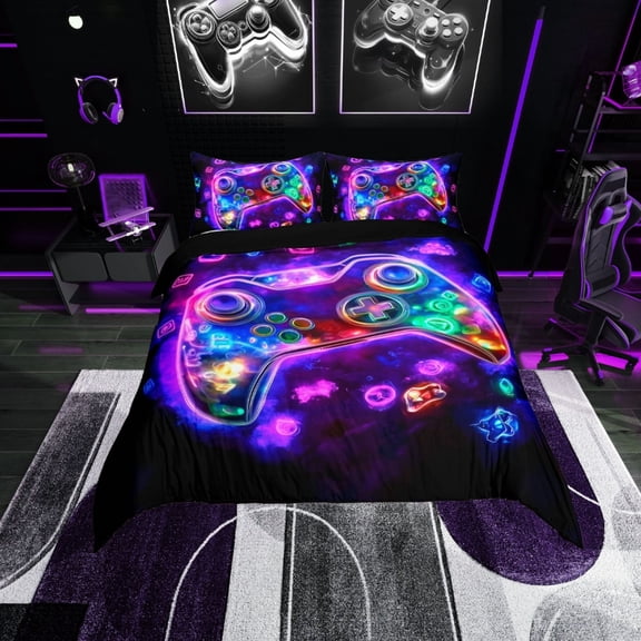 Erosebridal Purple Gamepads Comforter Cover Twin,Video Game Bedding Twin Size,Gradient Neon Duvet Cover Twin,Microfiber Gaming Room Decor,Reversible,3pcs(No Comforter)