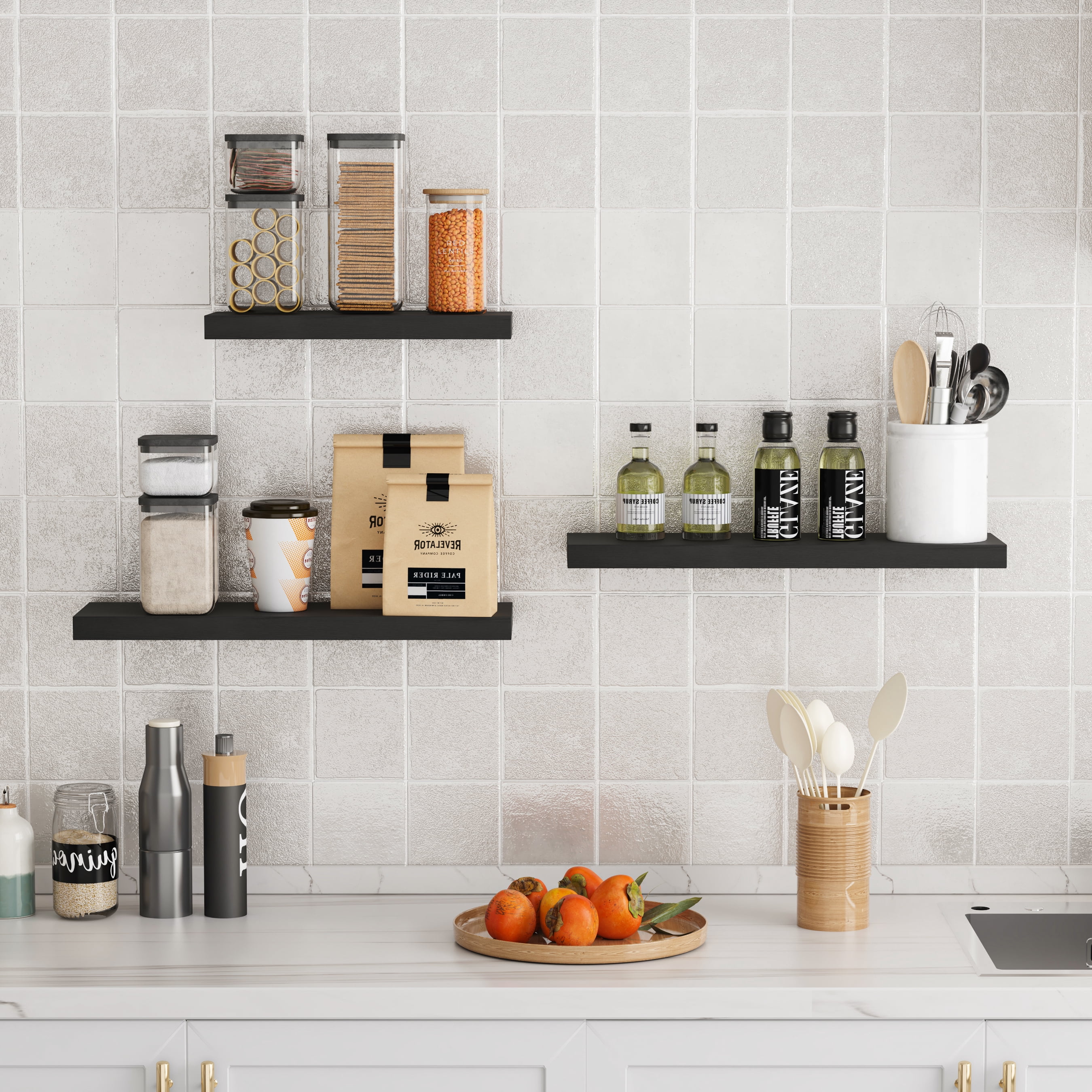 16.5 in Solid Wood Floating Shelves Wall Mounted Shelves, Black Color, Set of 2