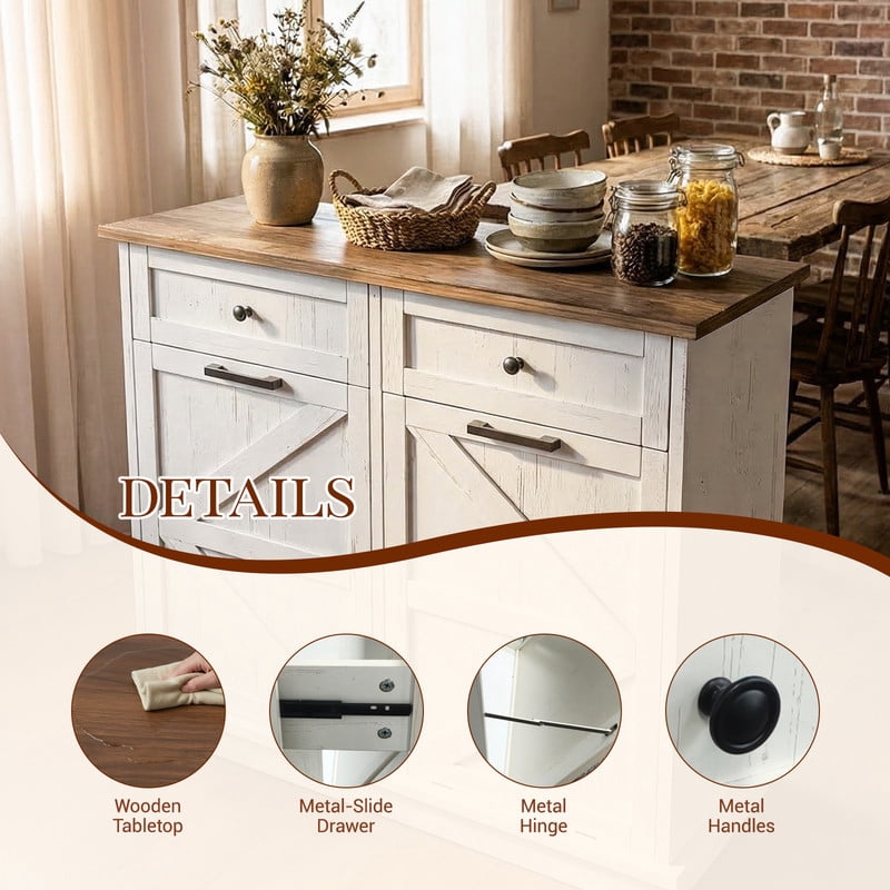 39''W Tilt Out Trash Can Storage Cabinet with 2 Drawers, Farmhouse Kitchen Island with Double 10-Gallon Trash Hidden Cabinet
