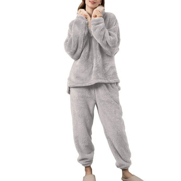 Defitshape Women's Fuzzy Fleece Pajama Set 2 Piece Fluffy Pjs Long Sleeve Shirt Pants Set Ladies Cute Winter Fall Warm Thermal Loose Baggy Plush Lounge Set Loungewear Grey Small