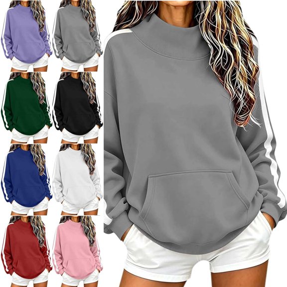 Zysthvn Pullover Women's Sweatshirts Fall Casual Loose Fit Sweatshirts for Women Solid Long Sleeve Crewneck Kangaroo Pocket Tops