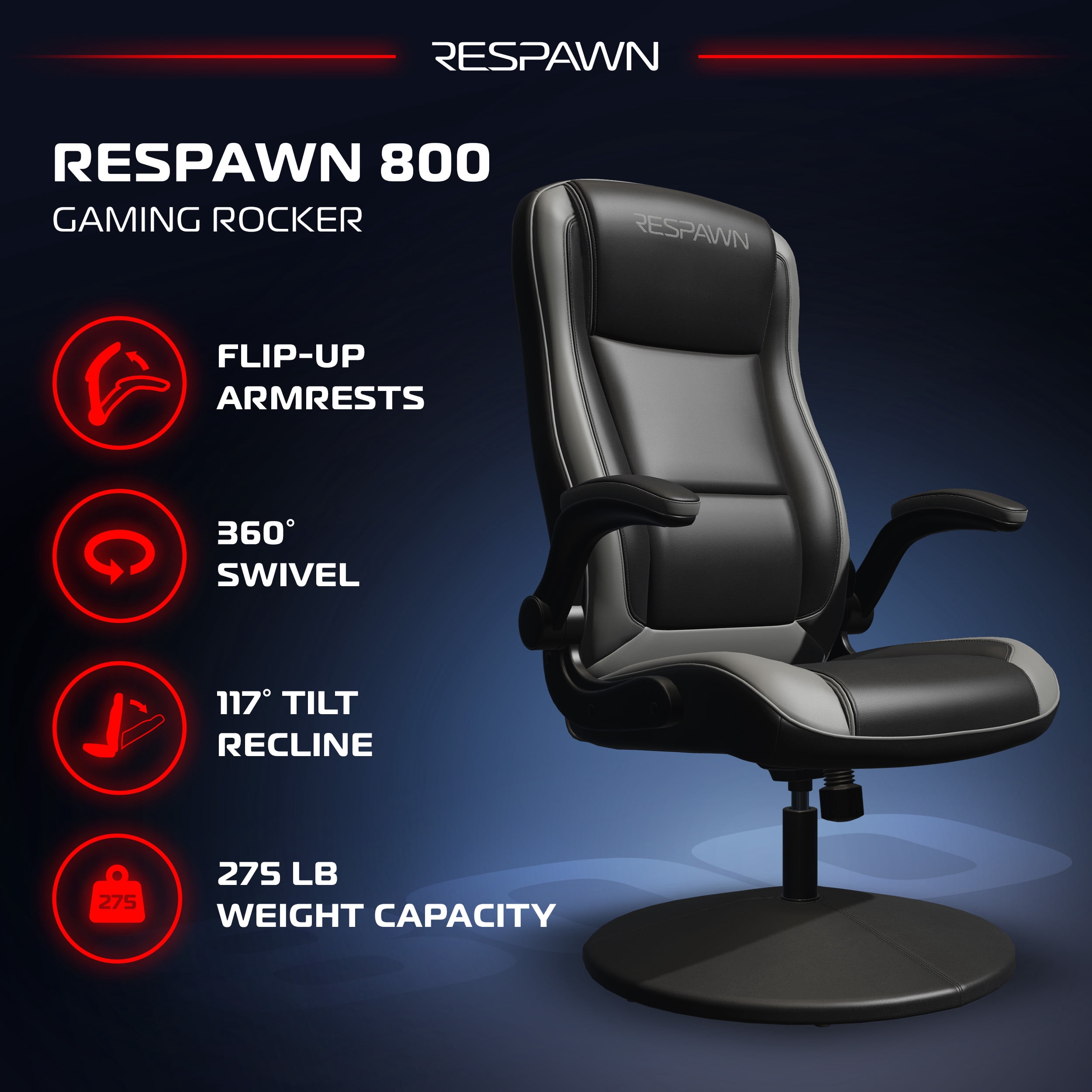 RESPAWN 800 Swivel Rocker Gaming Chair - Ergonomic Floor Gaming Seat with Lumbar Support, Flip Up Armrest, High Back, Pedestal Base, Comfortable No Wheels Console Video Game Rocker Chair - Gray