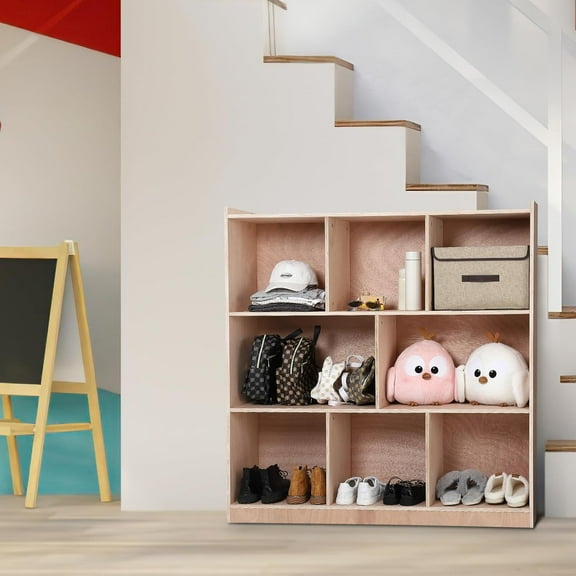 Rugerasy Movable 8-Cubby Kids Storage Locker with Anti-Tip Kit,Cabinet with 4 Casters,2 Boxes,Multifunctional Wooden Organizer for Classroom,Playroom,Unglazed