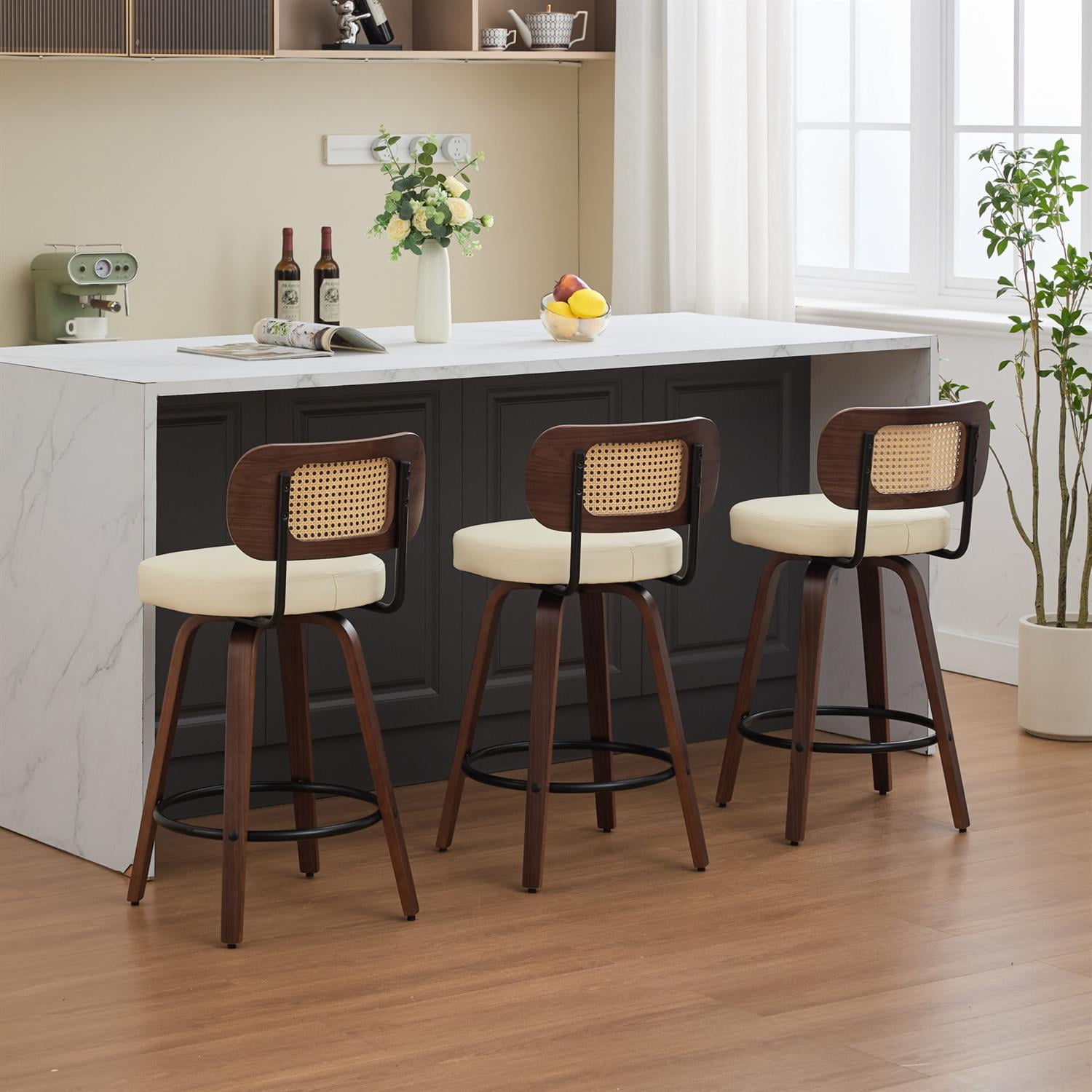 Demi Bonn 35" Swivel Bar Stools Set of 3 with Upholstered Faux Leather, Rattan Back & Bentwood Legs, Counter Height Stools for Kitchen or Bar Seating, Beige