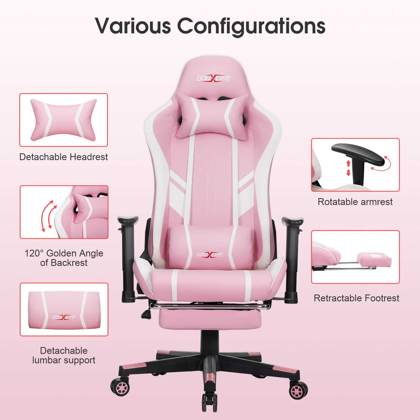 Douxlife 7-Point Massage Gaming Chair with Footrest, 175° Reclining, Ergonomic Racing High Back Home Office Computer Chair, Video Game Chair for Adults Kids