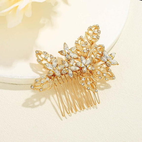 Crystal Bride Wedding Hair Comb Gold Side Comb Leaf Bridal Hair Piece Flower Hairpiece Wedding Hair Accessories for Women and Girls