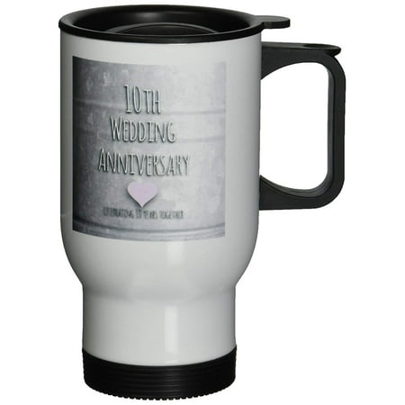 Large Travel Tin - 3dRose 10th Wedding Anniversary gift - Tin celebrating 10 years together - tenth anniversaries ten yrs, Travel Mug, 14oz, Stainless Steel
