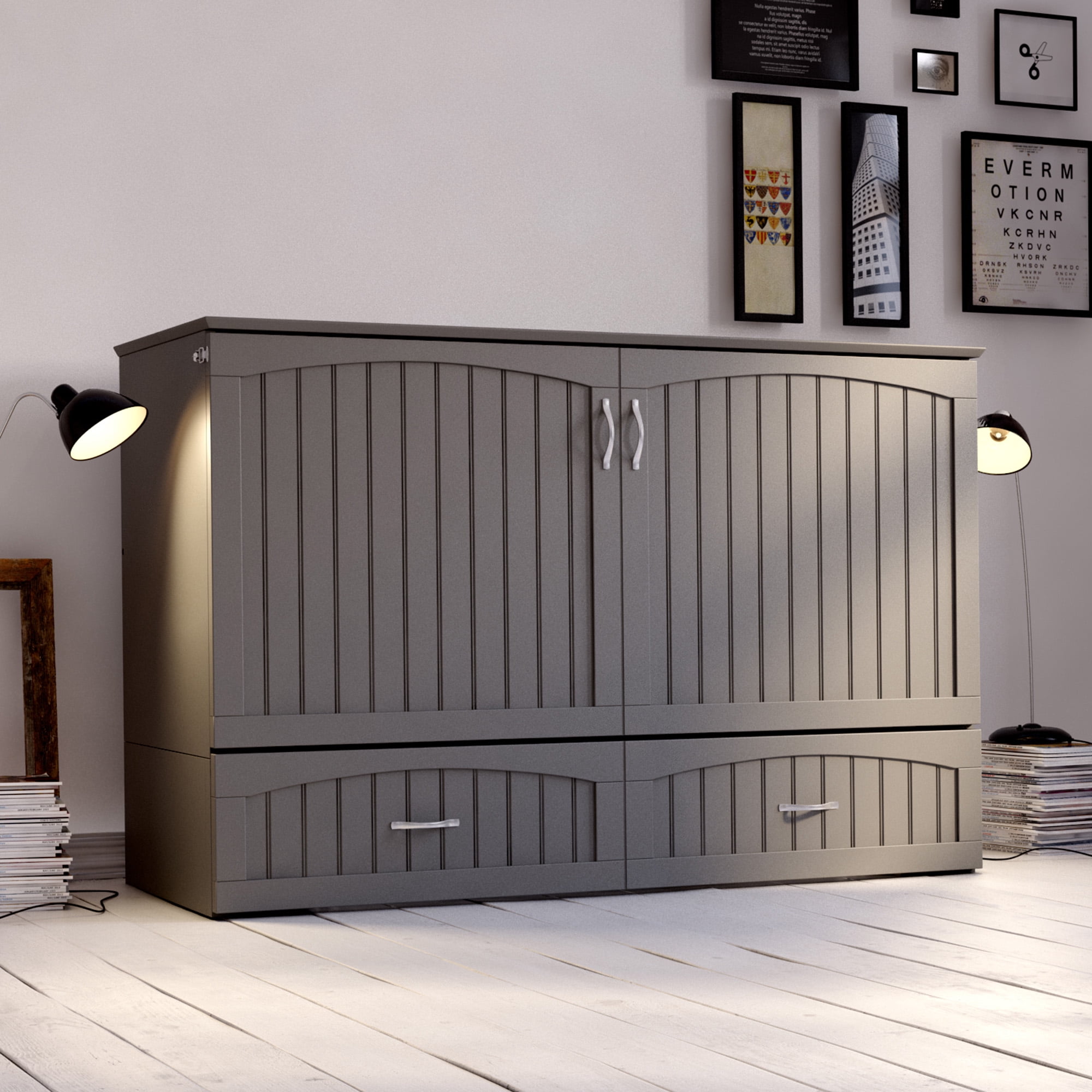 AFI Southampton Queen Solid Wood Murphy Bed Chest with Mattress, Drawer & Charger in Gray