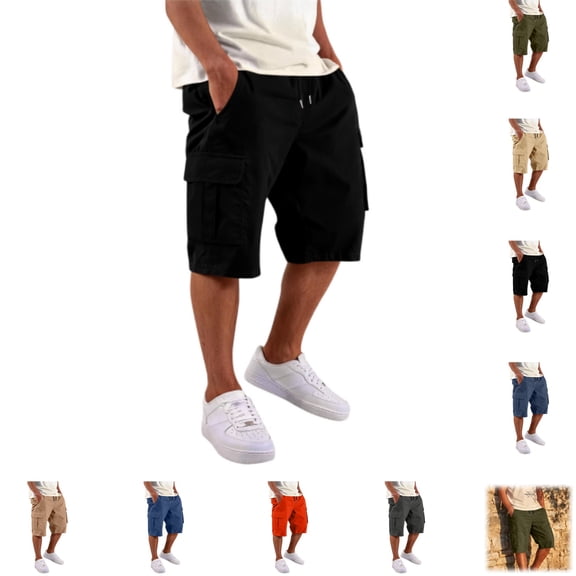 Mfakffe Cargo Shorts for Men Casual Lightweight Cotton Shorts Summer Classic Knee Length Short Pants Elastic Waist Wide Leg Trousers
