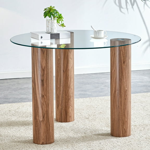 Sumdeal Modern 4-Piece Dining Room Table Sets: 40" Round Tempered Glass Table with 4 PU Leather Upholstered Chairs,Wood Table,1 Table