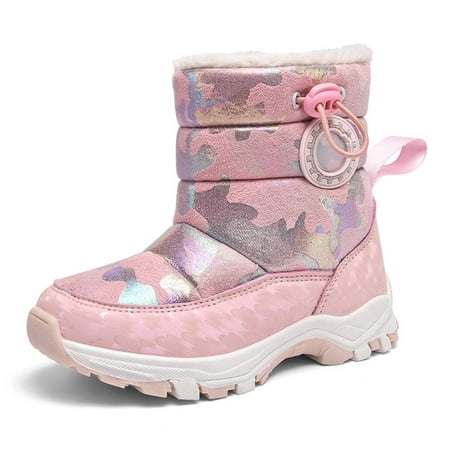 

Girls Snow Boots Waterproof Hook and Loop Mid Calf Fur Lining Winter Kids Shoes Pink 9.5-10 Years