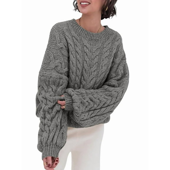 Womens Sweaters Fall Cable Knit Long Sleeve Crewneck Oversized Sweater Chunky Pullover Loose Outfits Grey M