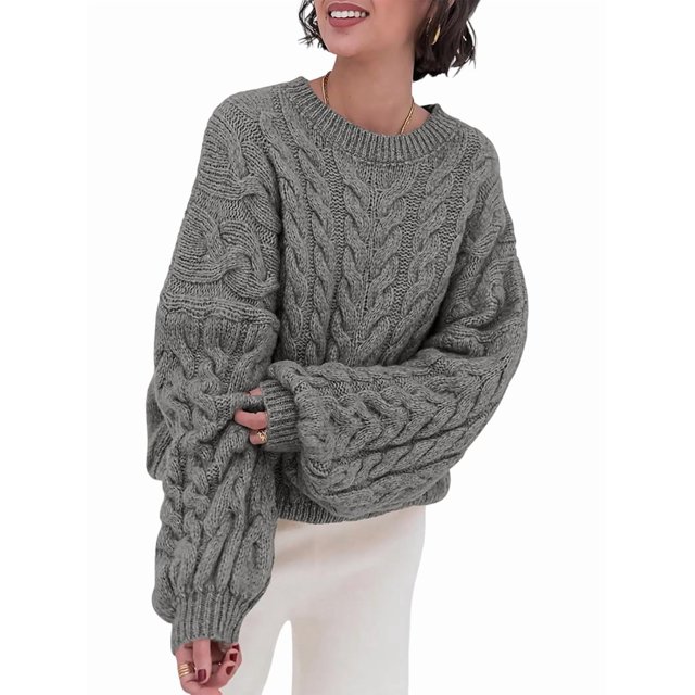 Suéteres de Mujer de Otoño, de Punto , de Larga, Cuello Redondo, Suéteres Holgados y Gruesos. Gris L