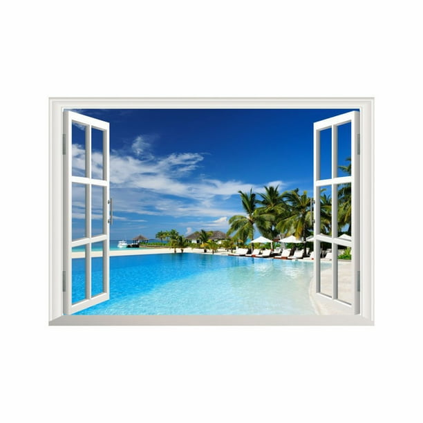3D ventana falsa playa patrón papel tapiz autoadhesivo mural calcomanía arte pared pegatina decoración para sala de estar Advancent JJ19456-02