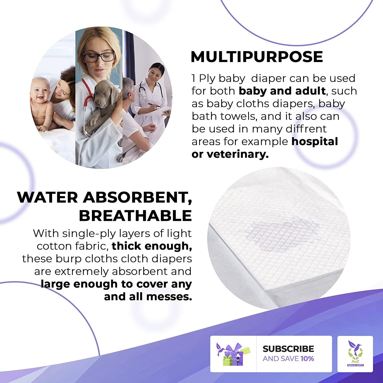 AMZ Supply Single-Ply Cotton Cloth Infant Diapers, White 27" x 27". Washable Absorbent Diaper Covers Pack of 12