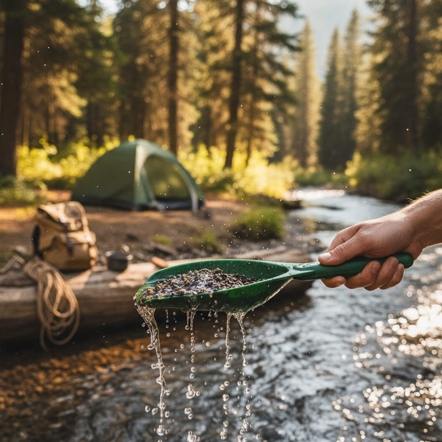 Sluice Fox Sluice Fox backpack gold prospecting kit with classifier: Two spiral gold pans, plastic gold shovel or pay dirt scoop and black sand gold separator magnet (green color set)