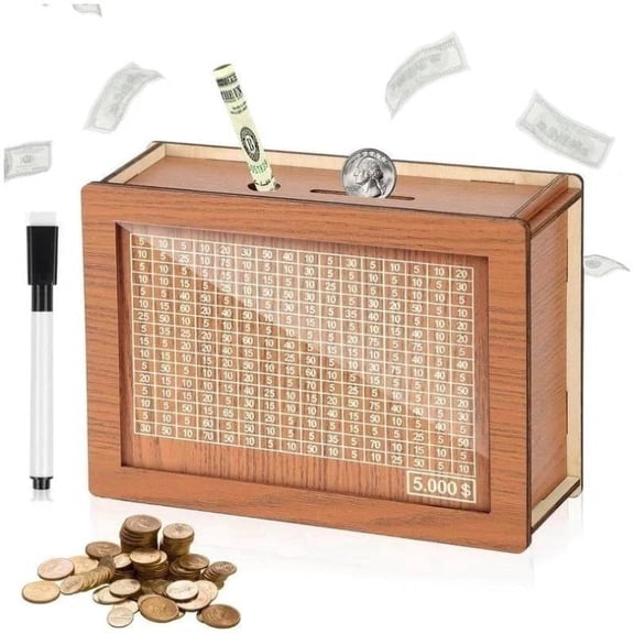 SplashSaveBox Wooden Piggy Bank for $5000 Savings Challenge Money Box with Counter - Brown Coin Bank for Boys and Girls - 7.9" x 5.7" Cash Vault