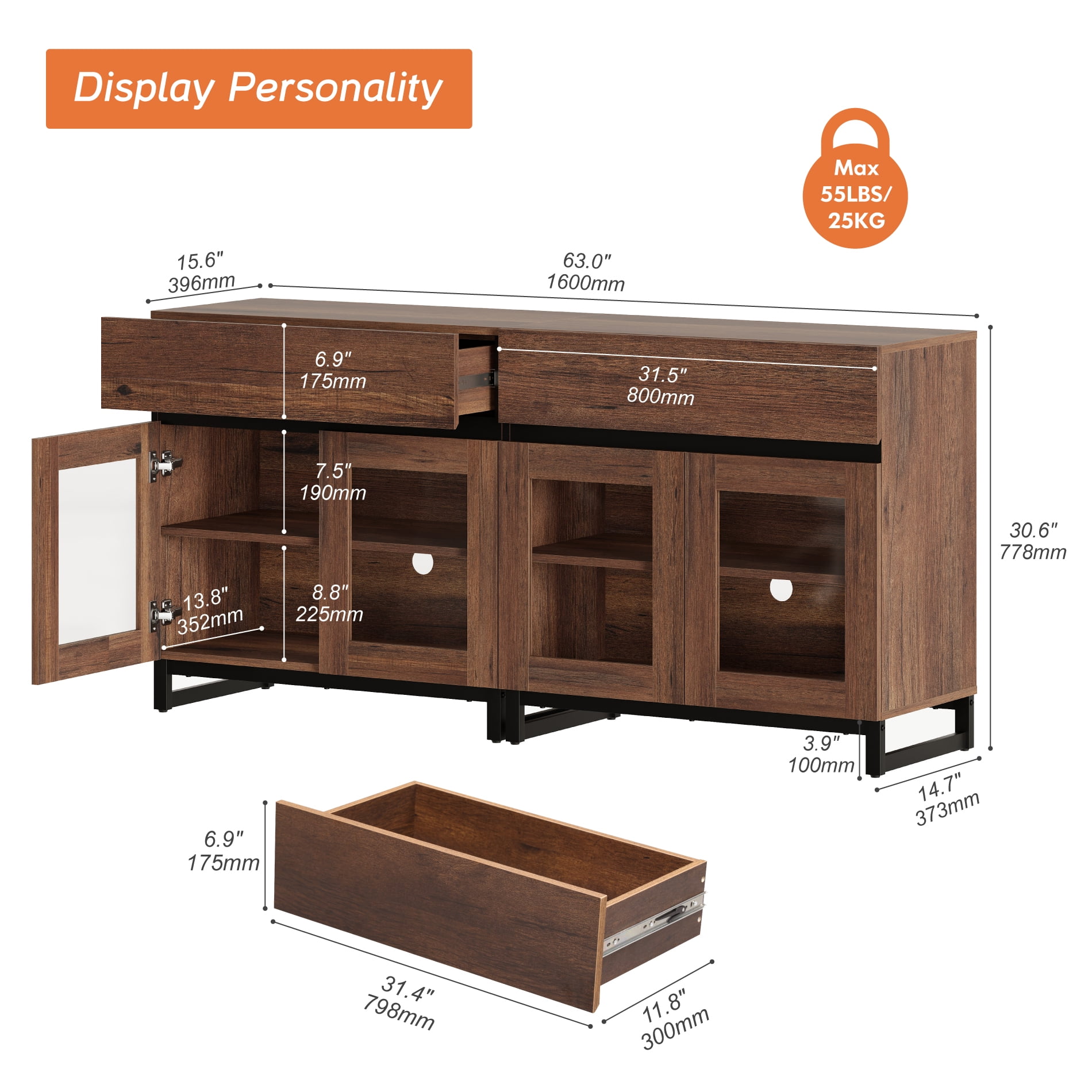 WAMPAT 2-in-1 Modern TV Stand with Glass Doors & 2 Drawers, Metal Base Entertainment Center for 70 Inch TVs, Media Console for Living Room & Bedroom