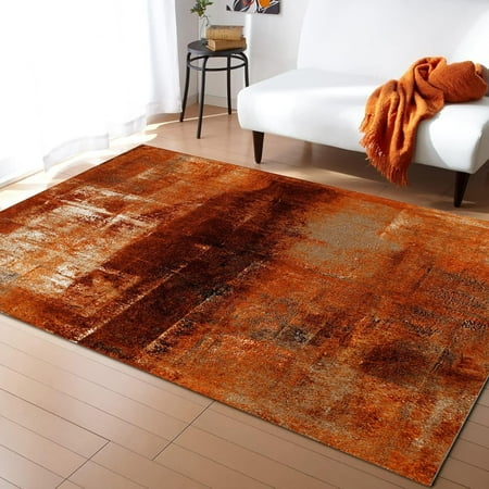 Burnt Orange Modern Abstract Geometric Oil Painting Art Area Rug Indoor Non-Slip Rugs Machine Washable Breathable Durable Carpet for Front Entrance Floor Decor-5x7ft