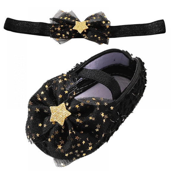 Lemetow  0~18M Baby Girl Shoes Net Yarn Bowknot Star Shoes Soft Sole Walking Shoes With Headband