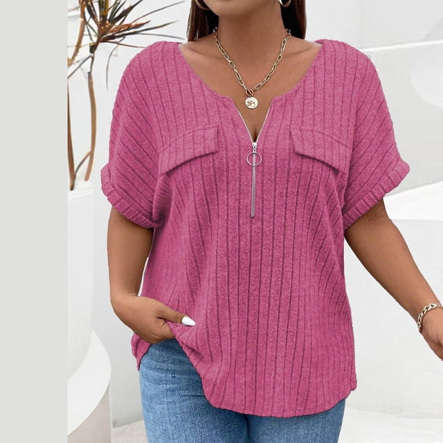Offres jusqu'à 70 % de Réduction! Hauts d'Été pour Femmes 2024 Grande Taille Mode Printemps/ Couleur Unie Col Rond Manches Courtes Chemise Décontractée Cadeau pour Femmes en Solde