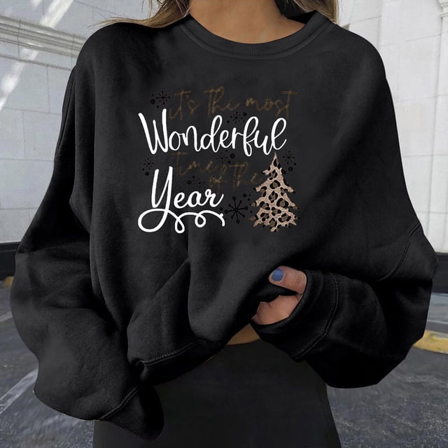EGNMCR Chandail en Molleton de Noël Mode Décontractée Imprimé Col Rond Manches Longues Amples Hauts Courts Blouse Chandails en Molleton Sans Capuche