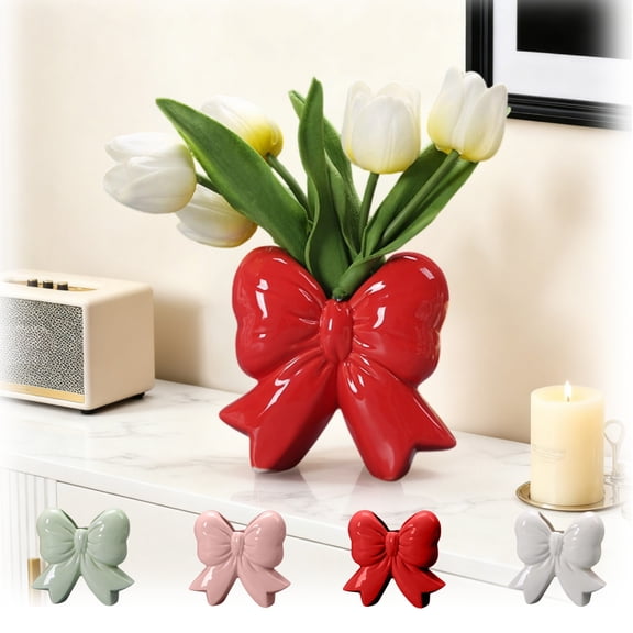 hulanddfd Bow Vase Red Ceramic Vase, Ceramic Vase Makeup Brush Holder Farmhouses Modern Flower Arrangement Vase for Home Table Room Decor