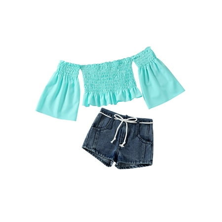 

Seyurigaoka Girl’s Boat Neck Long Sleeve T-shirt and Bandage Denim Shorts Set
