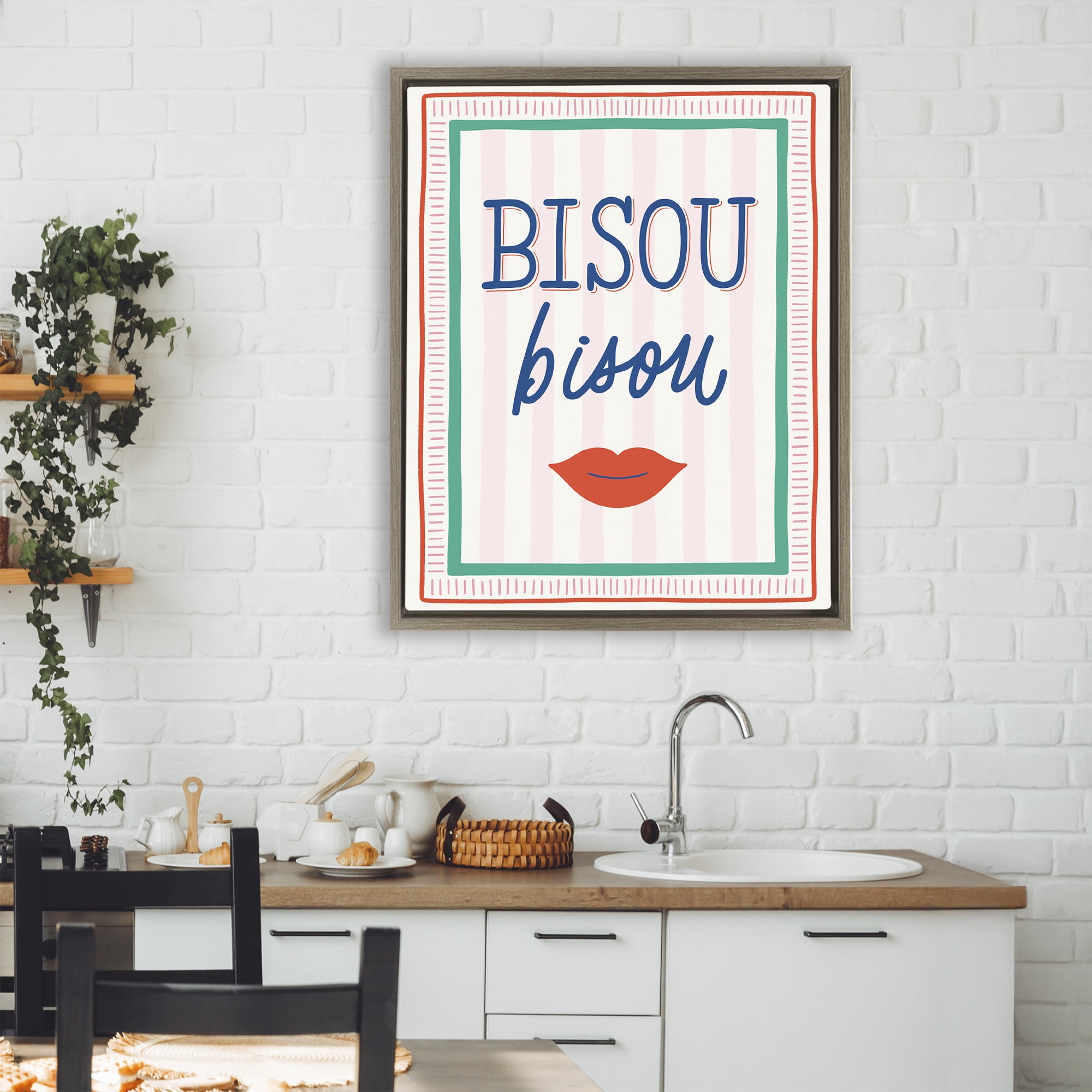 Stupell Industries Bisou Kiss over Stripes Brown Framed Floater Canvas Wall Art, design by Jalynn Heerdt