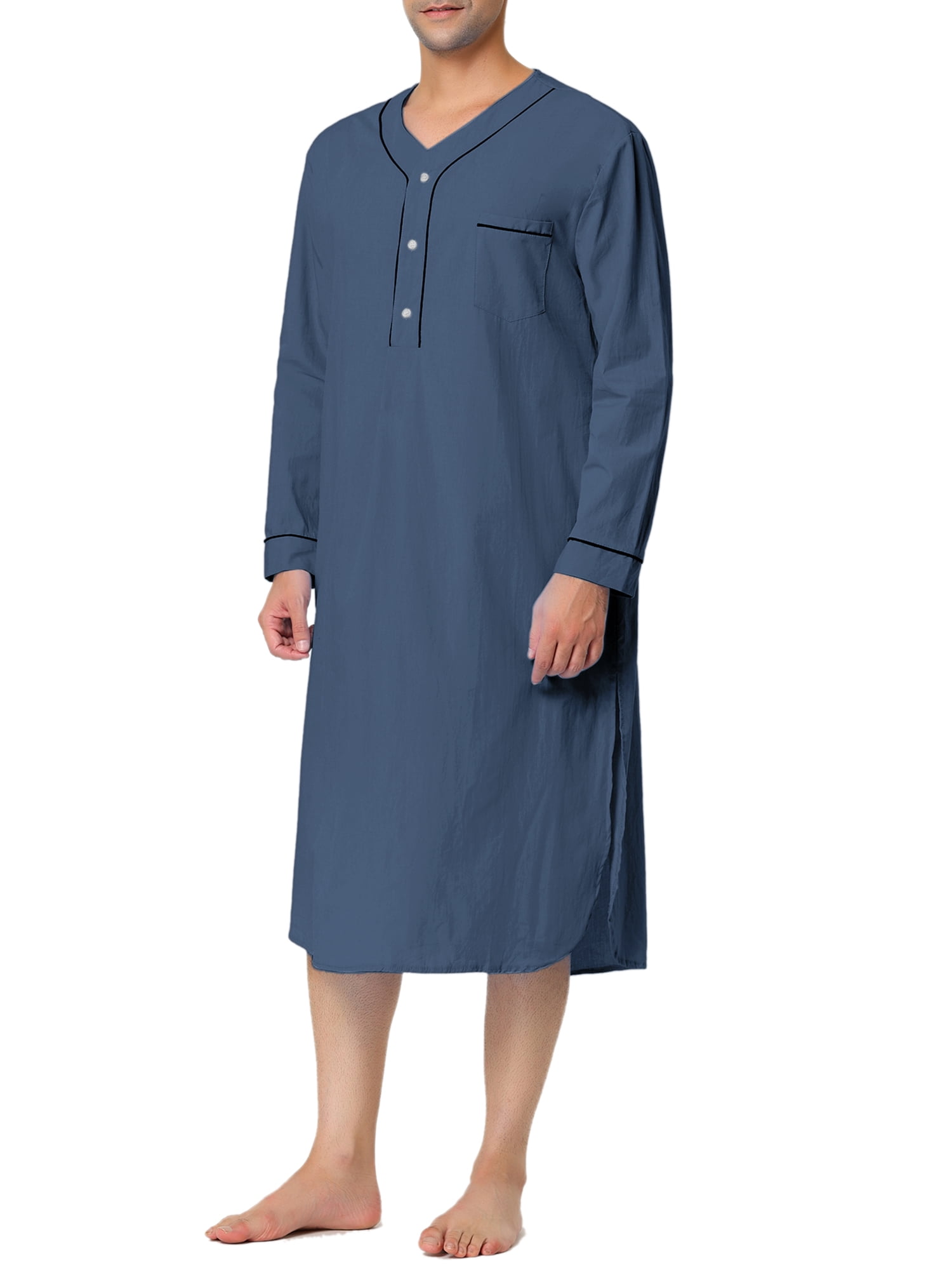 Unique Bargains Men's Nightshirt Cotton Sleep Shirt Long Sleeve Nightgown Sleepwear L Navy Blue