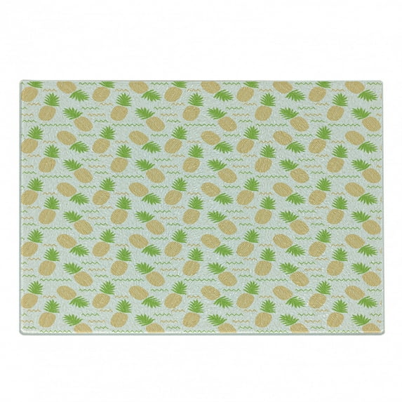 Tropical Cutting Board, Herringbone Stripes with Dots Background Summer Fruits Arrangement, Decorative Tempered Glass Cutting and Serving Board, Small Size, Fern Green and Orange, by Ambesonne