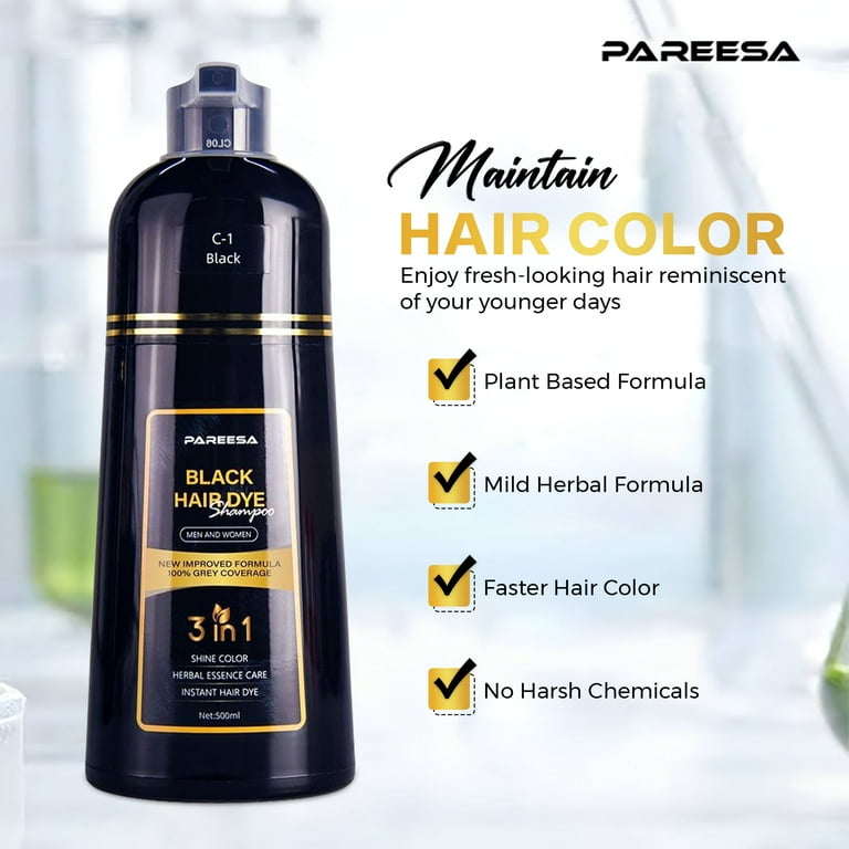 PAREESA Black Hair Dye Shampoo, 3 in 1 Gray Coverage, Safe Formula