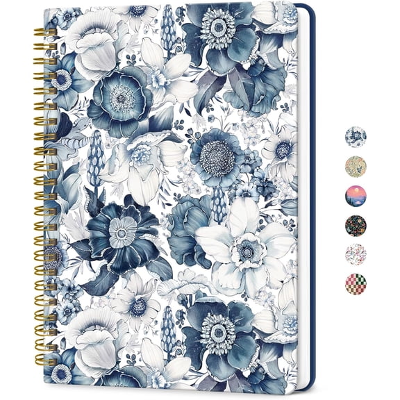 Lined Spiral Journal for Women, A5 Cute Hardcover College Ruled Notebook for Work, School & Note Taking, Aesthetic Writing Journal, 140 Pages (5.8" x 8.3"), Blue Floral - A-Blue Flora