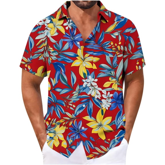 MELDVDIB Mens Summer Vacation Shirts Button-Up Turn-Down Collar Short Sleeve Tops Tropical Printed Loose Holiday Beach Shirts with Pocket