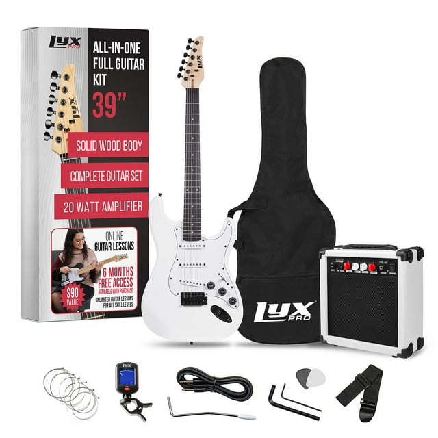 Kit de guitarra eléctrica LyxPro de tamaño completo de 39 pulgadas con amplificador de 20 W, color blanco