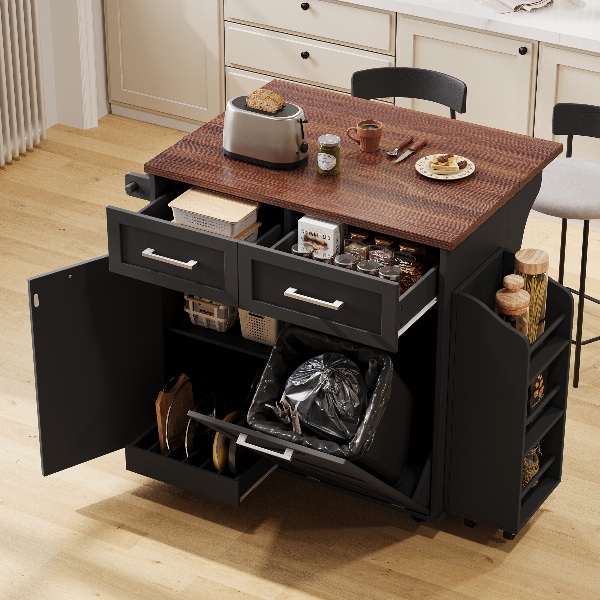 AENKYO 47.2" Farmhouse Kitchen Island with Removable Side Shelf, Tilt-Out Trash Bin, Storage Cabinet & Drawers, Black
