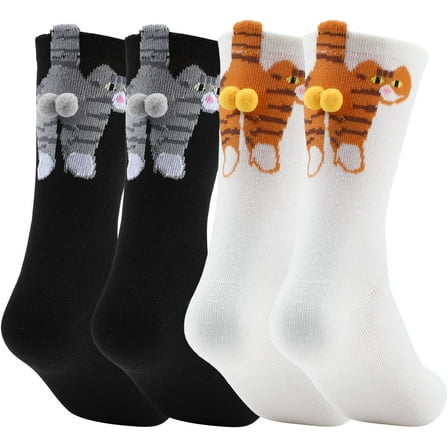 2 Pairs Cat Socks with Plush Balls, Funny Novelty Crew Socks for Cat Lovers - Christmas Stocking Stuffers Gifts