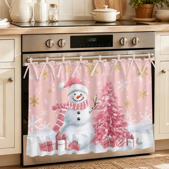 Pink Christmas Oven Skirt Curtain 30"Wx21.5"L, Waterproof Ruffled Stove Cover Skirt with 8 Ribbon Ties, Snowman Snowflake Gifts Xmas Tree Decorative Oven Door Curtains for Kitchen Dishwasher Cabinet