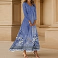 thumbnail image 2 of WTOBBY Women's Vintage Floral Print V-Neck 3/4 Sleeve A-Line Beach Dress, Waisted Midi Sundress with Casual Flowy Skirt for Vacation,Blue M, 2 of 5