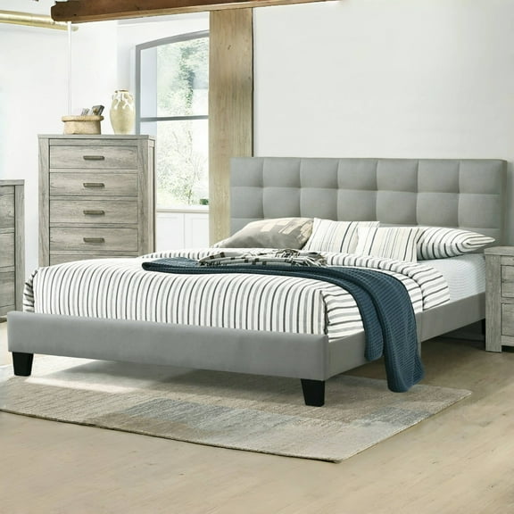 Tcbosik Queen Size Bed Frame, Platform Bed with Button Tufted Headboard, Wood Slats Support, Light Gray